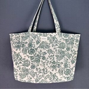 SEZANE Parisian Chic Green Cream Floral Tote Bag Cottagecore Cotton Shopping Bag